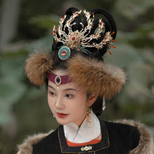 后雨山古风汉服棕灰白色毛毛卧兔儿额帕披肩昭君熙凤冬季保暖百搭