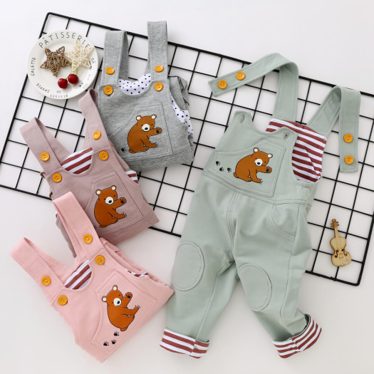 宝宝背带裤春秋洋气婴儿双层纯棉连体吊带裤小童休闲卡通可开裆