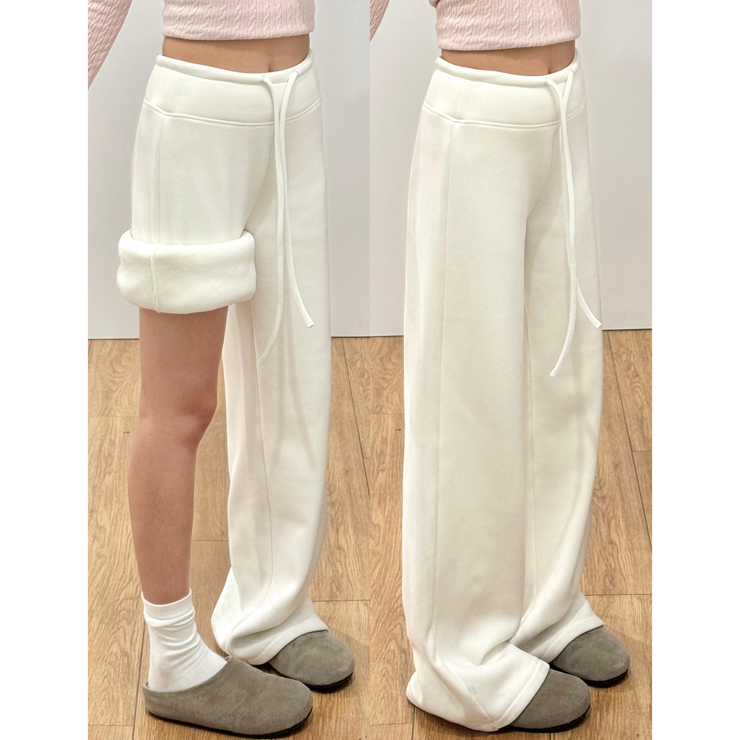 2025春秋冬季白色阔腿裤女加绒高腰窄版垂感直筒运动面膜糯米卫裤
