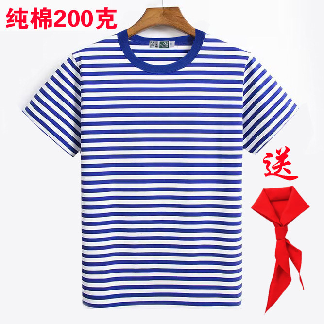 纯棉海魂衫短袖男女t恤红领巾篮白条纹水手服班服亲子装表演班服