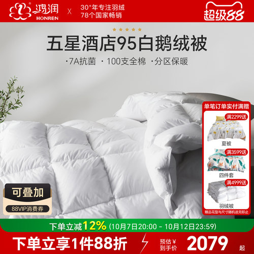 鸿润五星酒店7A抗菌95%白鹅绒被