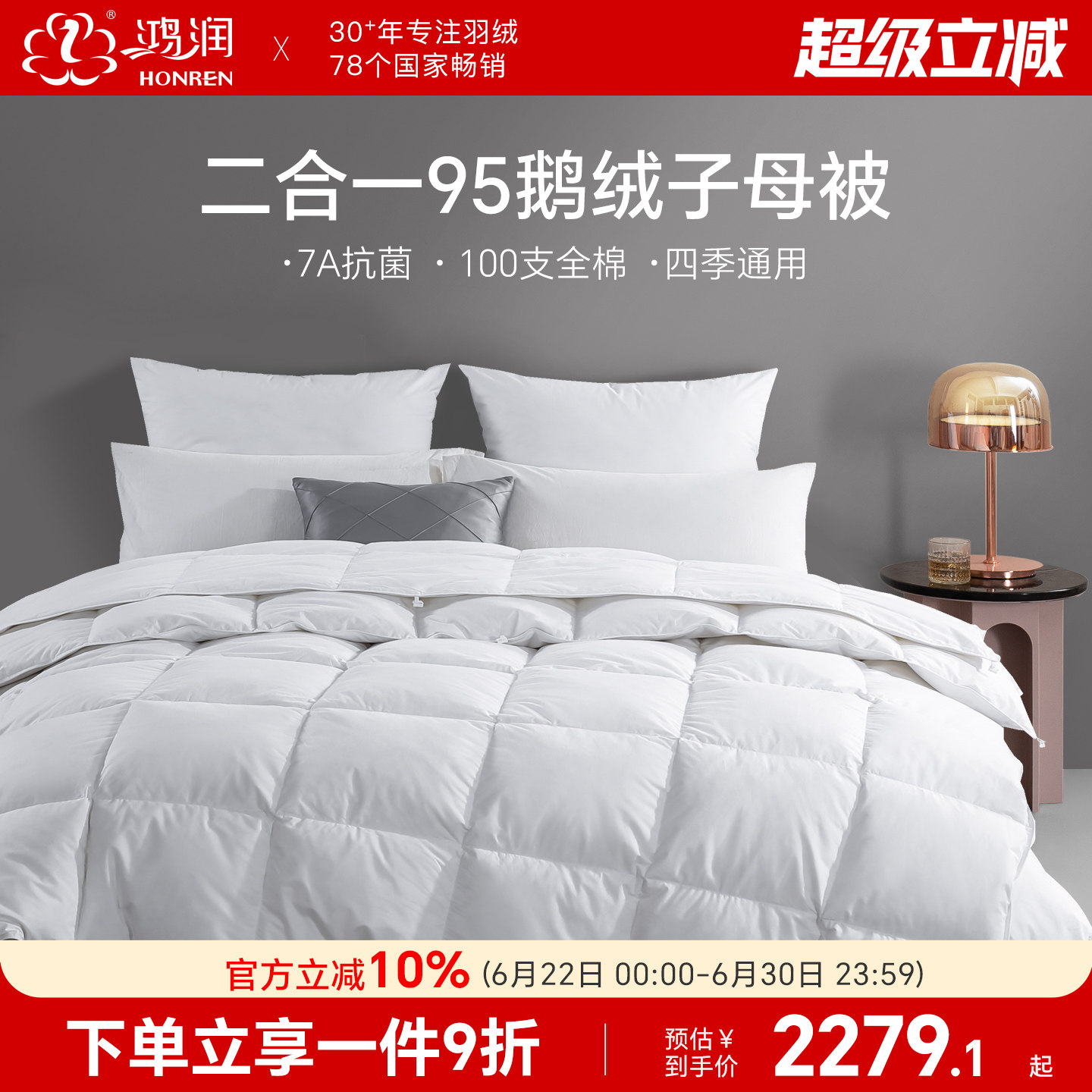 鸿润7A抗菌95鹅绒子母被四季通用