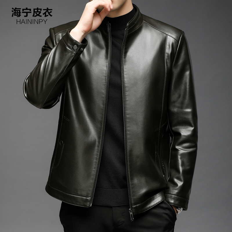 真皮皮衣男绵羊皮立领短款皮夹克