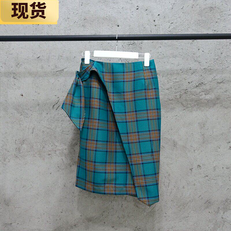绿色格子半身裙bm不对称中长款