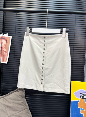 【现货】VC 90s复古风乳白色娘man小皮裙 正面纽扣高腰短款半裙