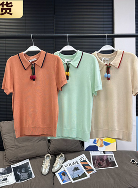 现货章章 锦蚕丝Silk 51%Lyocell 樱桃撞色polo针织衫