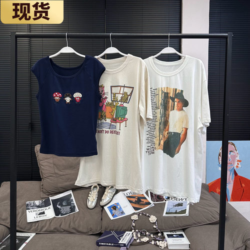 现货私藏te王大链接小猫t&art字母和蘑菇刺绣t&西部牛仔t