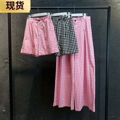 格子短裤阔腿裤圆领长袖粗线条