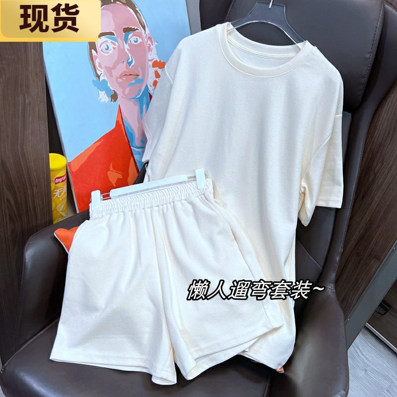 【现货】休闲运动套装女夏季新款五分袖圆领针织上衣宽松显瘦短裤,女装/女士精品,时尚套装,淘宝优惠券,粉丝福利购,淘宝优惠卷