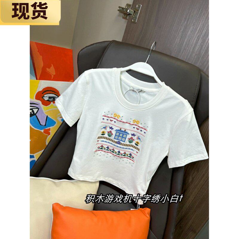 【现货】MS积木游戏机十字绣小白t恤女夏新款小版型圆领上衣
