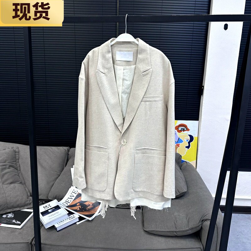 【现货】MS棉麻自由old money麻本色流苏西装透气轻薄西服外套女