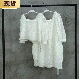 白色复古方领连衣裙女夏设计感泡泡袖 上衣 现货 娃娃裙中袖