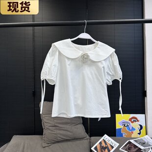 【现货】美 复古学院派手工花白色娃娃领绑带短袖衬衫上衣