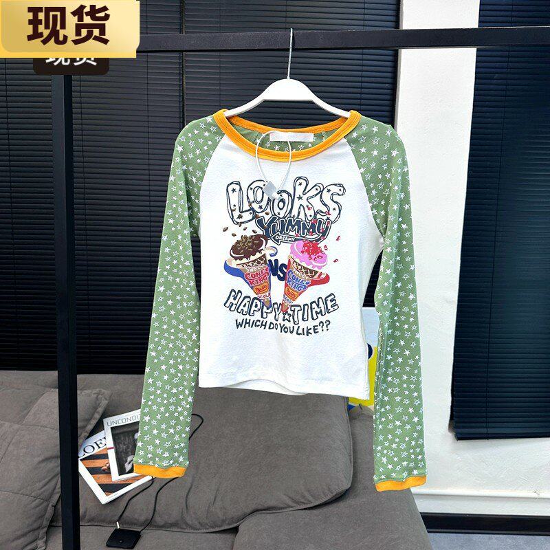 【现货】MS星星甜筒T恤女修身显瘦小版型印花美式复古t恤上衣夏