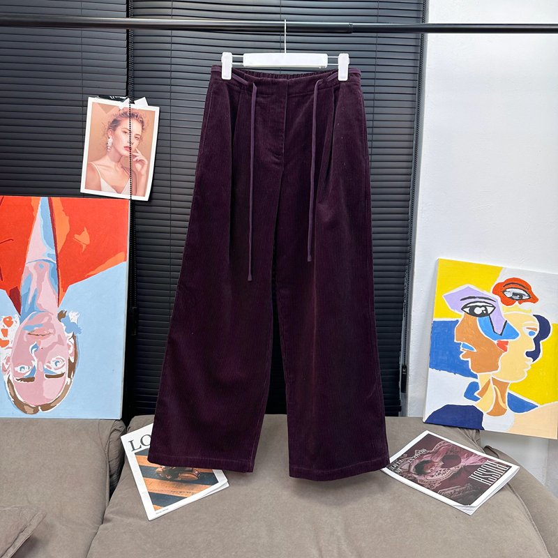 出货中百搭mvp浆果紫全棉灯芯绒直筒抽绳裤实穿高腰显瘦神裤女