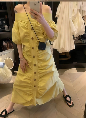 现货VC毛毛虫连衣裙黄色裙子度假休闲都可以长裙子