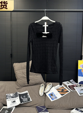 现货MS丝绒蝴蝶领黑天鹅蕾丝提花长袖T恤性感打底衫