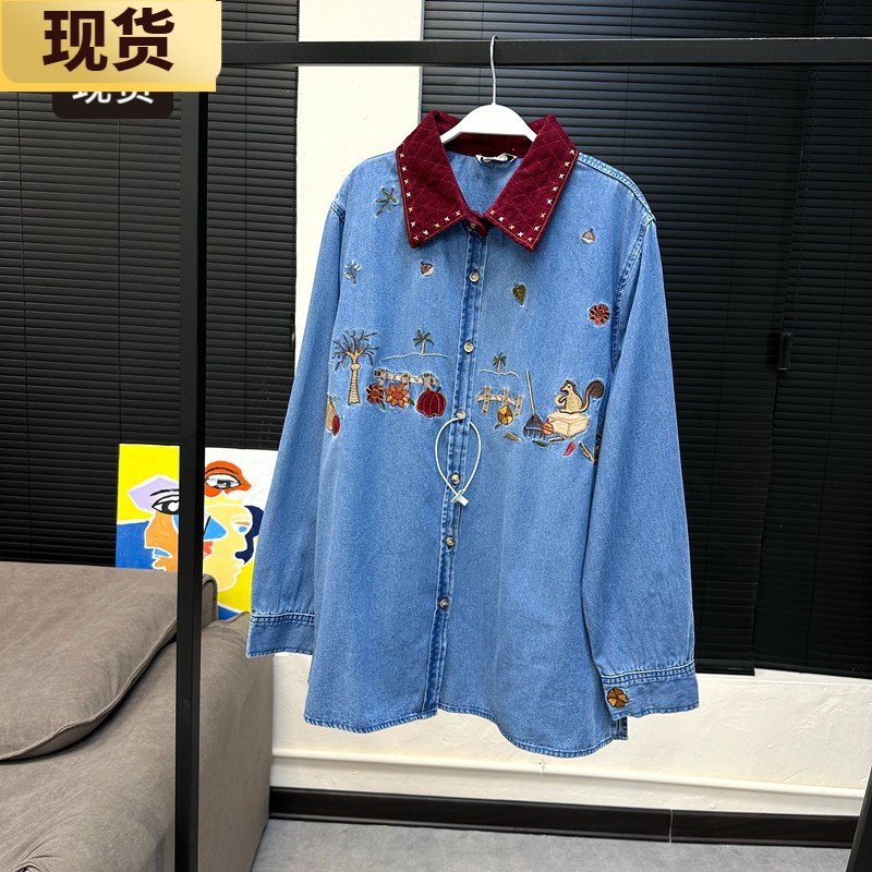 【现货】松果乐园刺绣拼接牛仔衬衫早春chic上衣女设计感小众,女装/女士精品,衬衫,淘宝优惠券,粉丝福利购,淘宝优惠卷