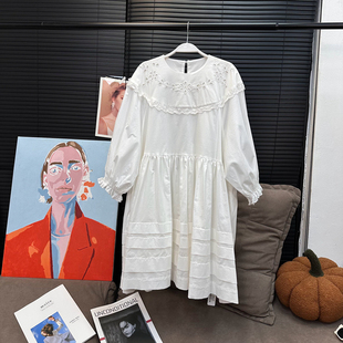 连衣裙 多层压褶花边刺绣七分袖 美 11号晚8点新品