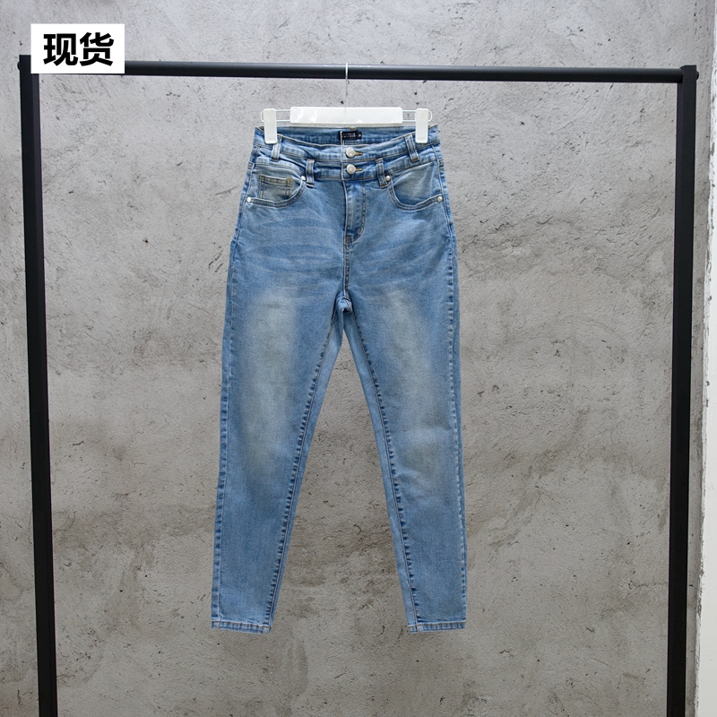 现货VC女牛仔裤双扣高腰9分裤