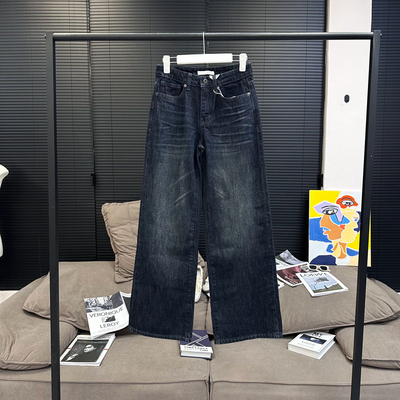 4P 复古中低腰牛仔裤女秋冬水洗做旧宽松显瘦直筒阔腿垂感长裤