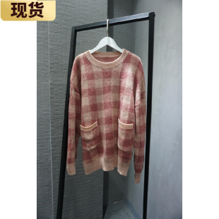 【现货】秋冬加厚圆领格子小清新毛衣女宽松套头保暖针织