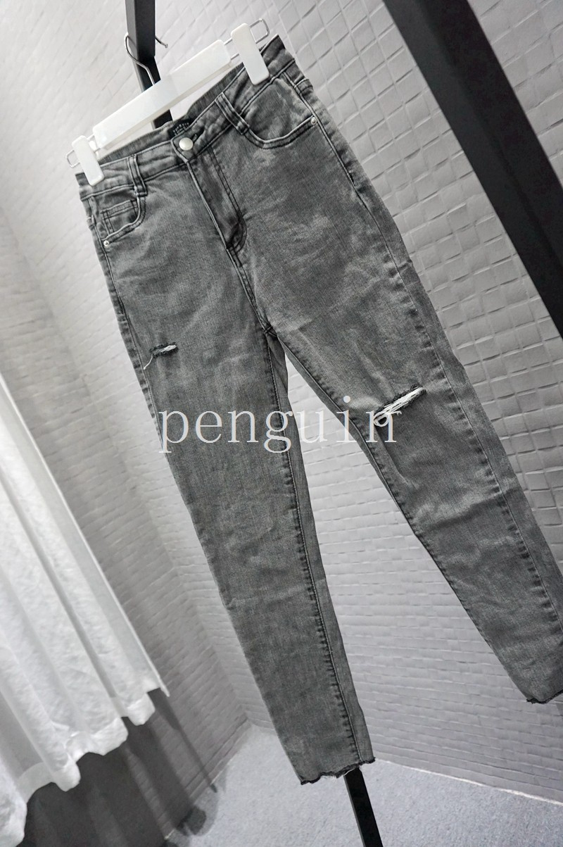 vc 破洞灰色牛仔裤女秋季新款超好搭欧美街头休闲铅笔裤