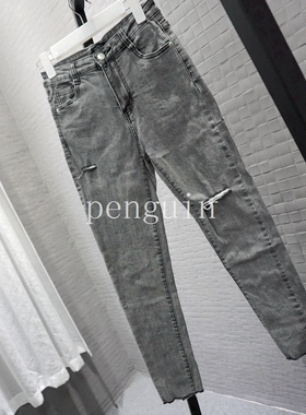 VC 破洞灰色牛仔裤女秋季新款超好搭欧美街头休闲铅笔裤