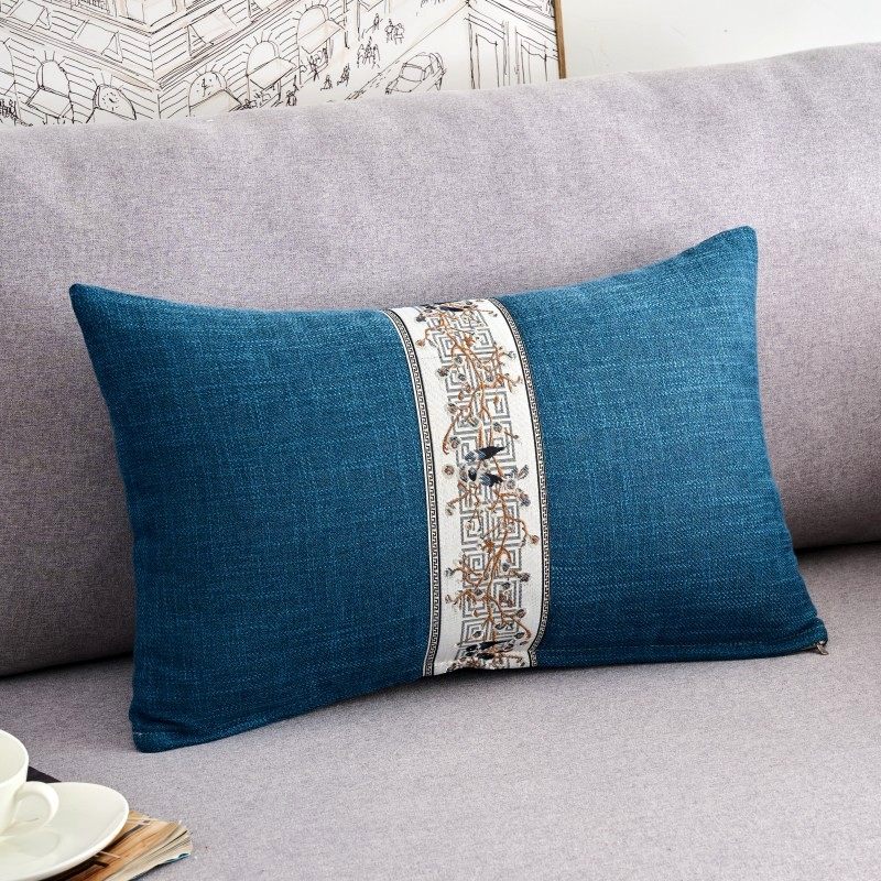 新中式棉麻沙发抱枕套简约现代客厅靠垫长方形纯色腰枕贴布刺绣