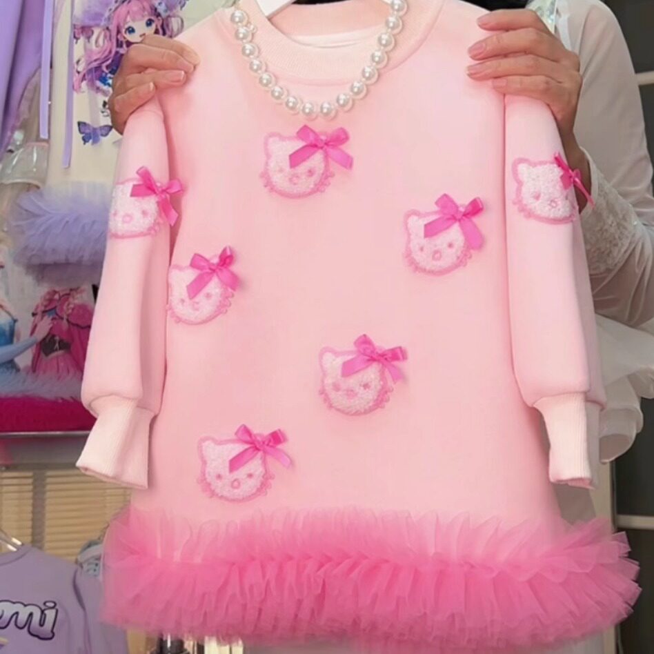 MN女童HelloKitty卫衣裙2025春款新洋气宝宝卡通簪花公主甜美可爱