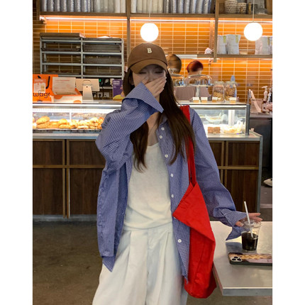 TANG韩系蓝色格纹长袖衬衫女春夏宽松休闲百搭复古小众慵懒风衬衣