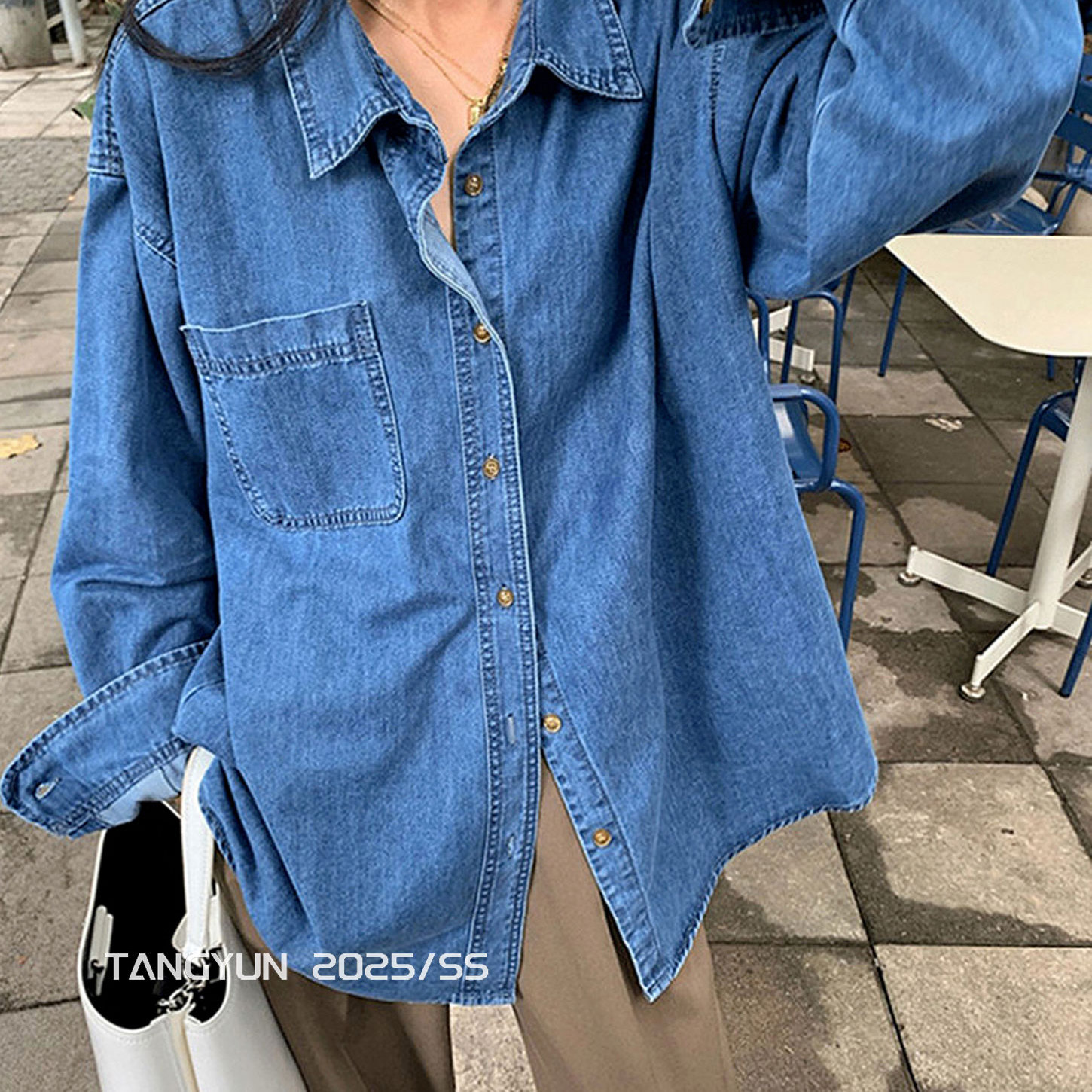 TANG蓝色牛仔衬衫外套女早秋季