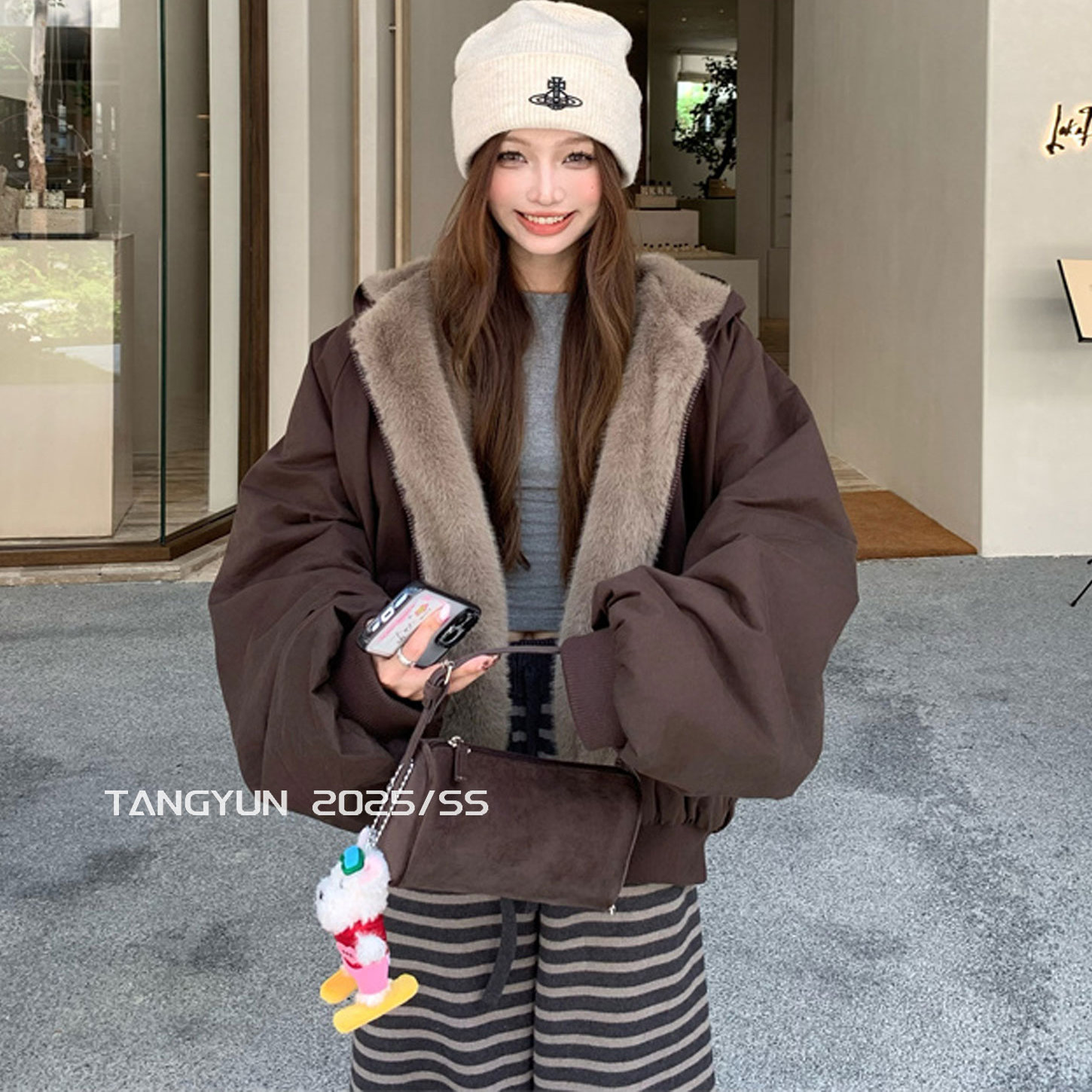 TANG复古毛领连帽短外套派克服女