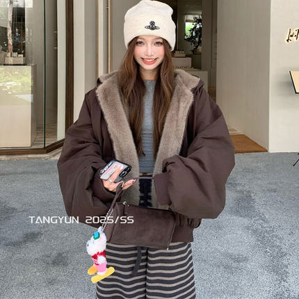 TANG 复古毛领连帽短外套女加厚保暖派克服两面穿夹克秋冬潮套装