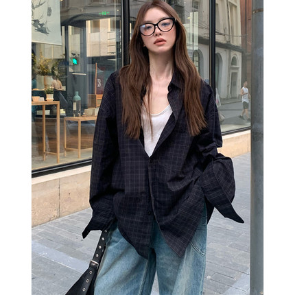 TANG韩版格子长袖衬衫女2025夏季新款宽松休闲百搭防晒衬衣外套潮