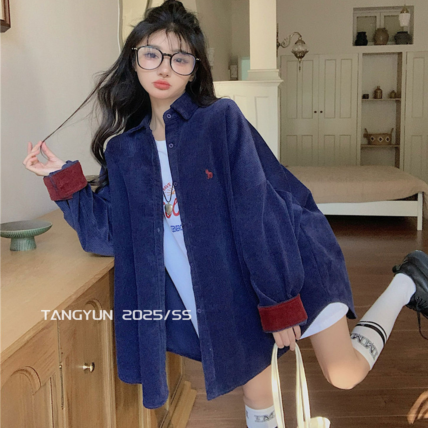 韩版撞色灯芯绒秋冬衬衫外套女