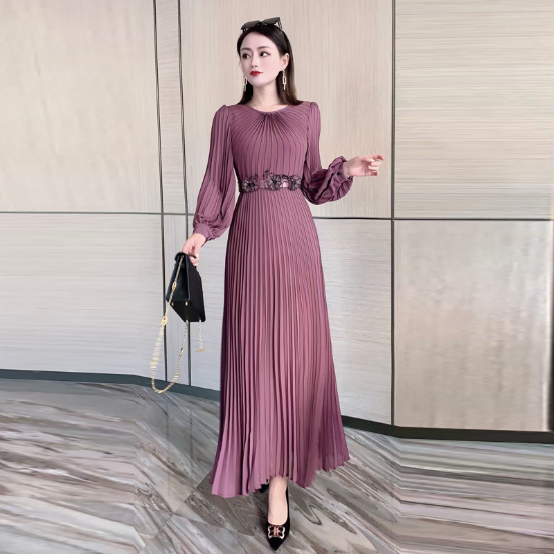 2021春季新款欧美高端大牌名媛雪纺长袖礼服连衣裙女百褶修身长裙