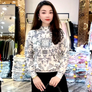 古嘉子2026春装薄款长袖印花烫钻针织衫上衣半高领天丝羊毛衫8011