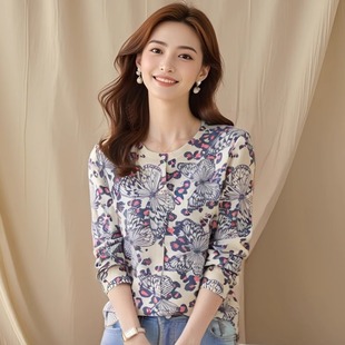 古嘉子2026春装长袖印花烫钻薄针织开衫上衣圆领天丝羊毛衫女2113