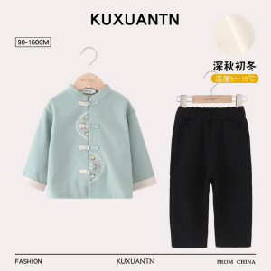 男童汉服秋冬加绒套装儿童元旦表演服男孩唐装高端中国风棉麻古装