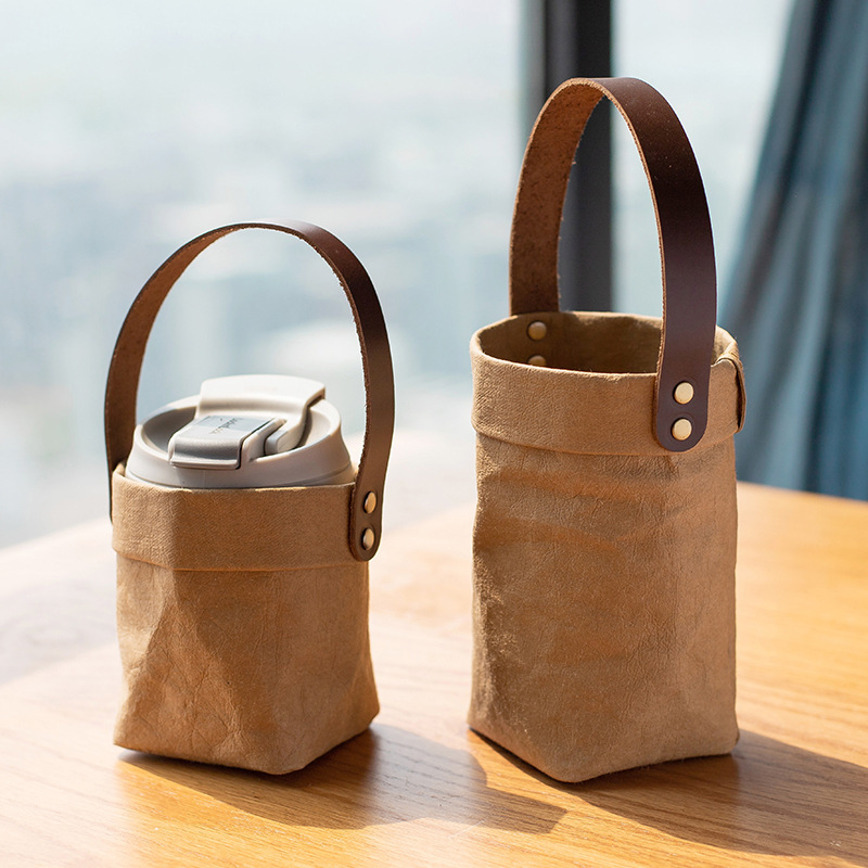 厂家直销北欧风可水洗牛皮纸水杯袋耐水洗撕不烂杯套手提袋隔热
