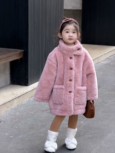 女童羊羔毛复合麂皮大衣小女孩洋气时髦仿皮草毛毛绒外套过年衣服
