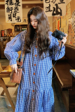 法式蓝格子长袖连衣裙女2024早秋新款韩系宽松显瘦纯棉衬衫长裙子，女装连衣裙，2D116