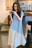 小清新蓝色衬衫连衣裙女2025超火文艺绝美宽松慵懒松弛感鱼尾长裙，女装连衣裙，2D116