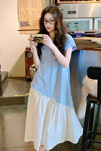 小清新蓝色衬衫连衣裙女2025超火文艺绝美宽松慵懒松弛感鱼尾长裙图片