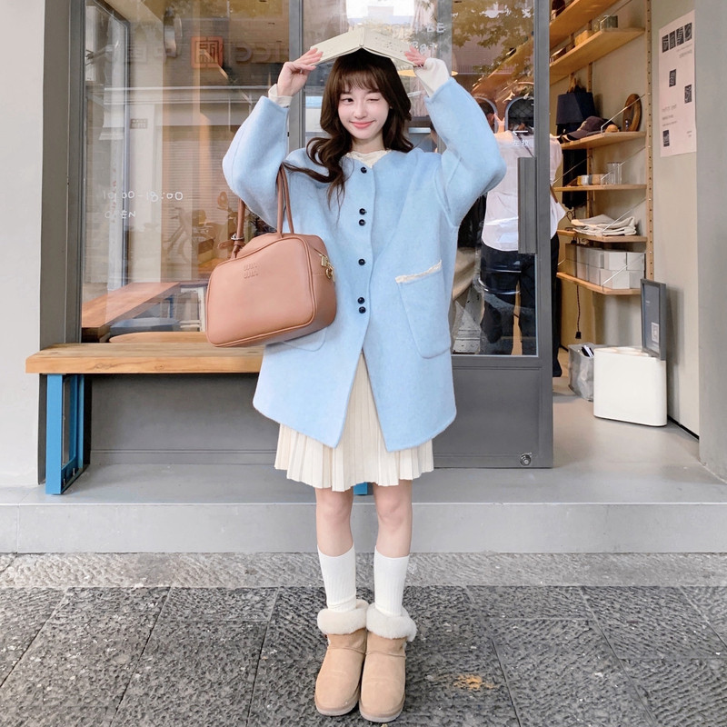 韩系浅蓝色蕾丝拼接双面呢羊毛大衣女秋冬2025新款温柔甜美风外套,女装毛呢外套,2D116