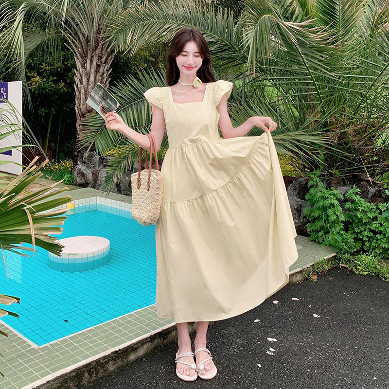 粉色飞飞袖方领连衣裙女夏季2025新款简约甜酷系桔梗法式显瘦长裙,女装连衣裙,2D116