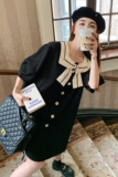黑色小香风蝴蝶结拼接连衣裙女装夏季新款减龄设计感宽松显瘦裙子，女装连衣裙，2D116