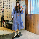 法式蓝格子长袖连衣裙女2024早秋新款韩系宽松显瘦纯棉衬衫长裙子，女装连衣裙，2D116