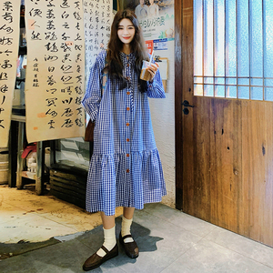 法式蓝格子长袖连衣裙女2024早秋新款韩系宽松显瘦纯棉衬衫长裙子图片